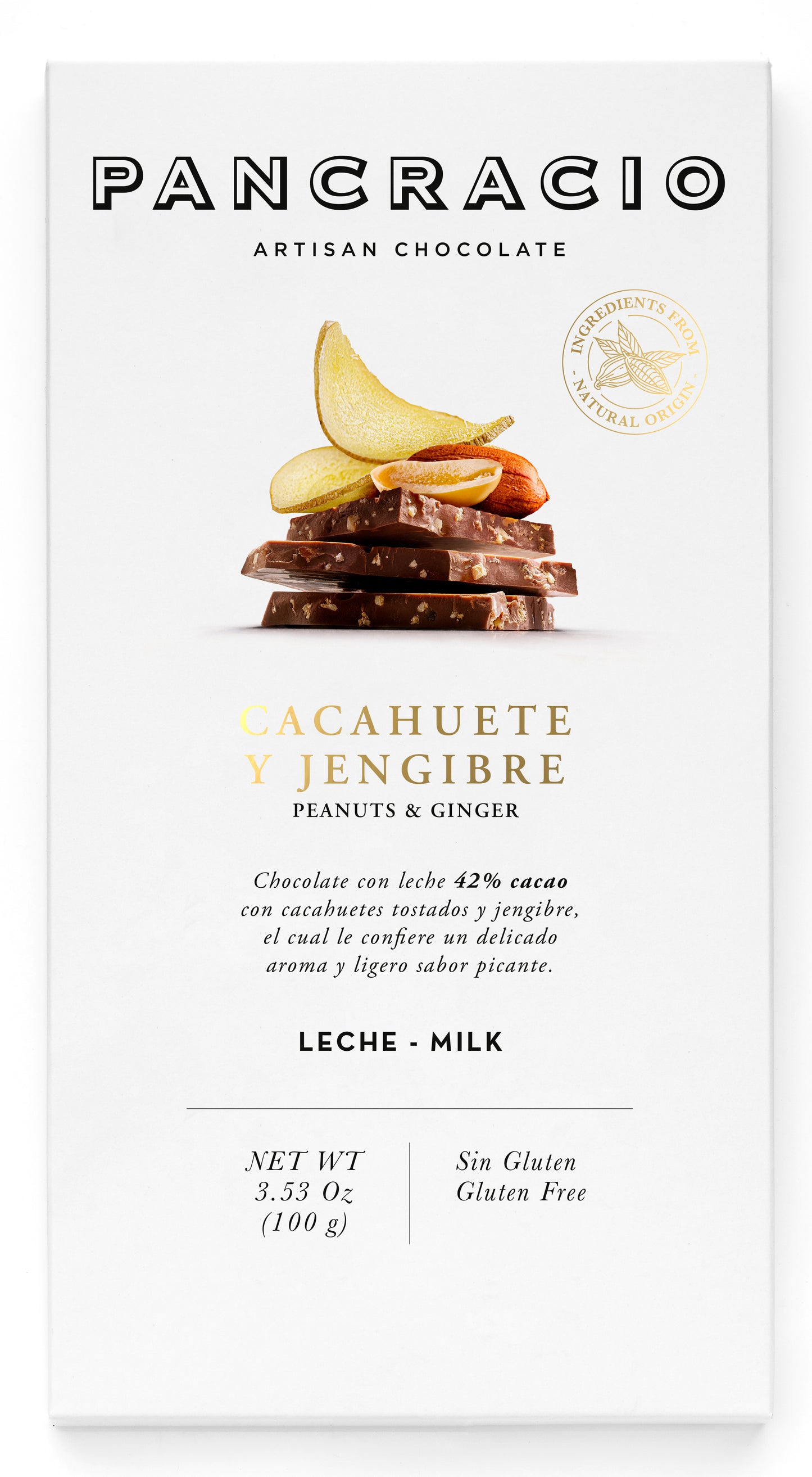 Занаятчийски шоколад PANCRACIO 100гр. - млечен с фъстъци и джинджифил